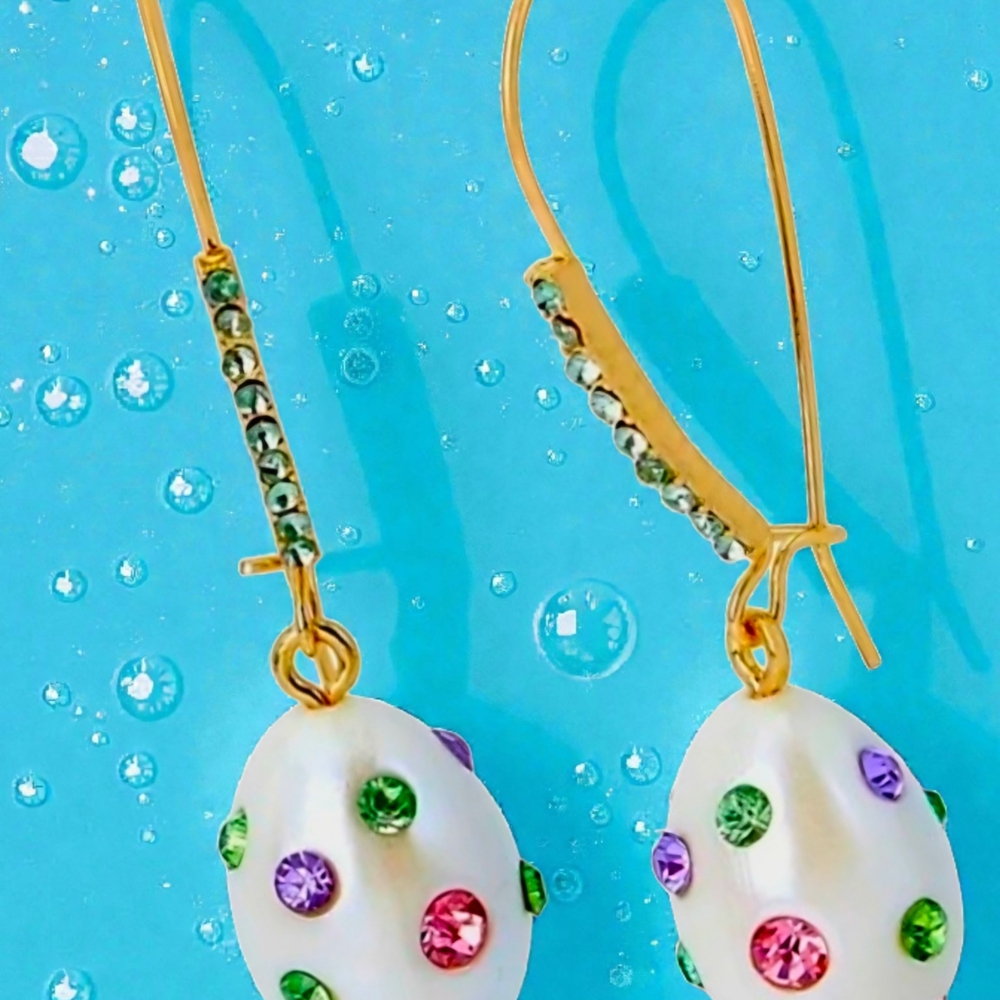 NEW Betsey Johnson Gold Tone & White Easter Egg Drop Earrings Crystal Accents - Picture 2 of 4